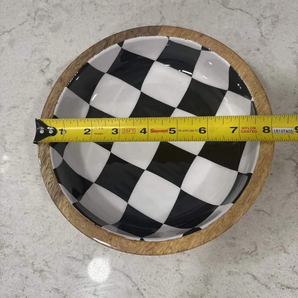 Black White Checker Enamel on Wood 8” Serving Tray / Bowl Enameled Checkerboard